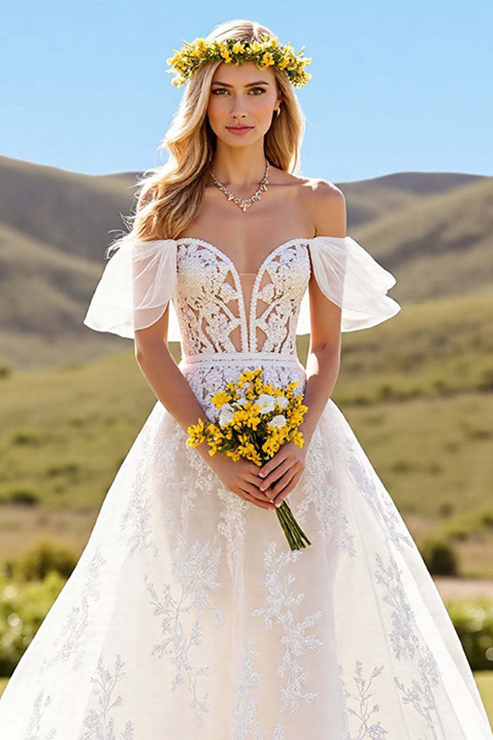 Ivory Tulle Short Sleeves Sweep Train Wedding Dress with Lace