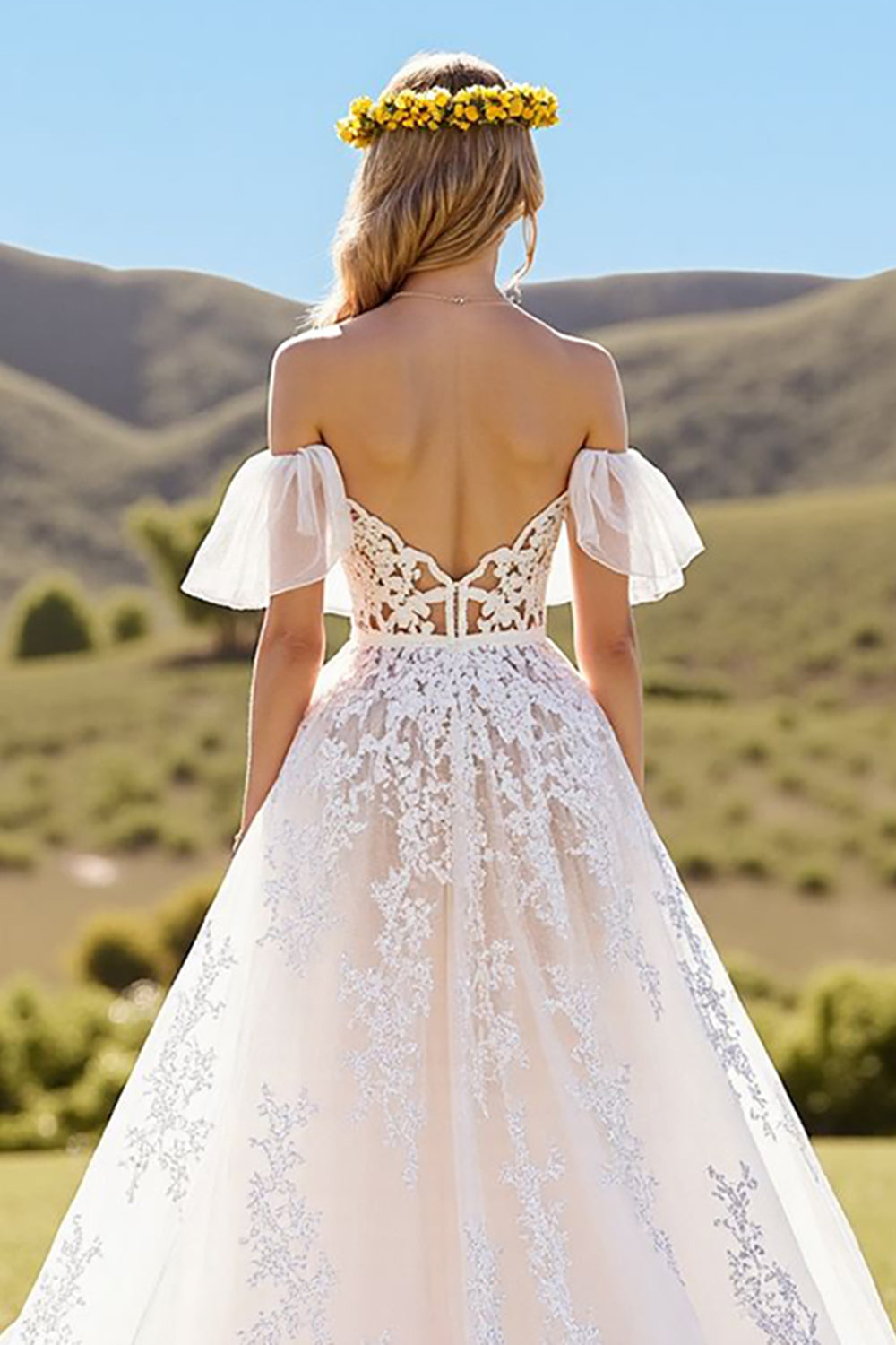 Ivory Tulle Short Sleeves Sweep Train Wedding Dress with Lace