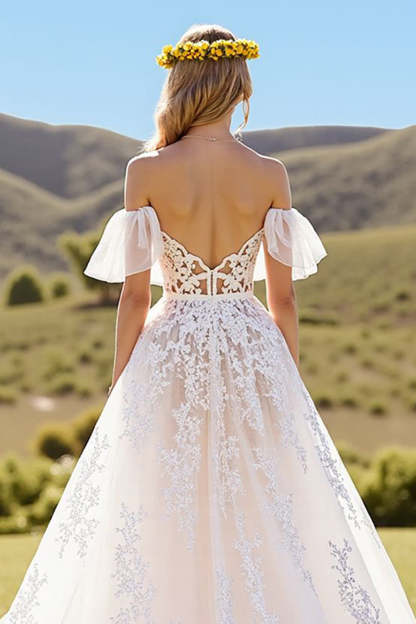 Ivory Tulle Short Sleeves Sweep Train Wedding Dress with Lace