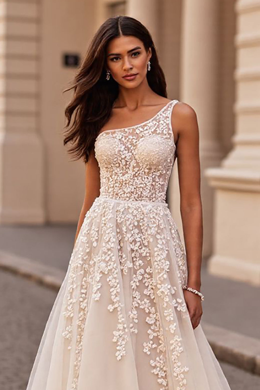 Ivory Chiffon One Shoulder Sweep Train Wedding Dress with Appliques