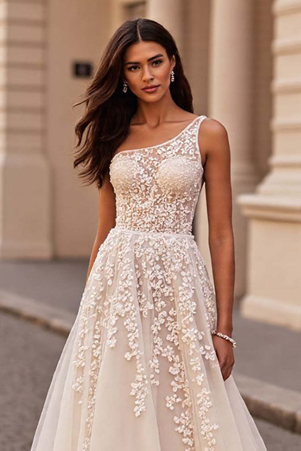 Ivory Chiffon One Shoulder Sweep Train Wedding Dress with Appliques