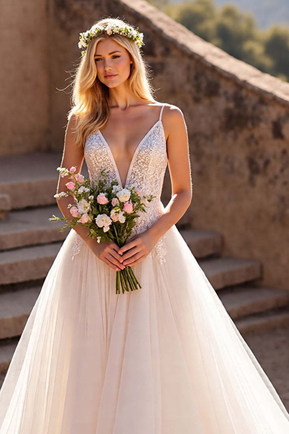 Tulle Ivory A-Line Spaghetti Straps Wedding Dress with Lace