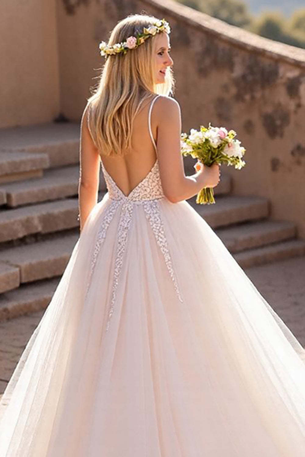 Tulle Ivory A-Line Spaghetti Straps Wedding Dress with Lace