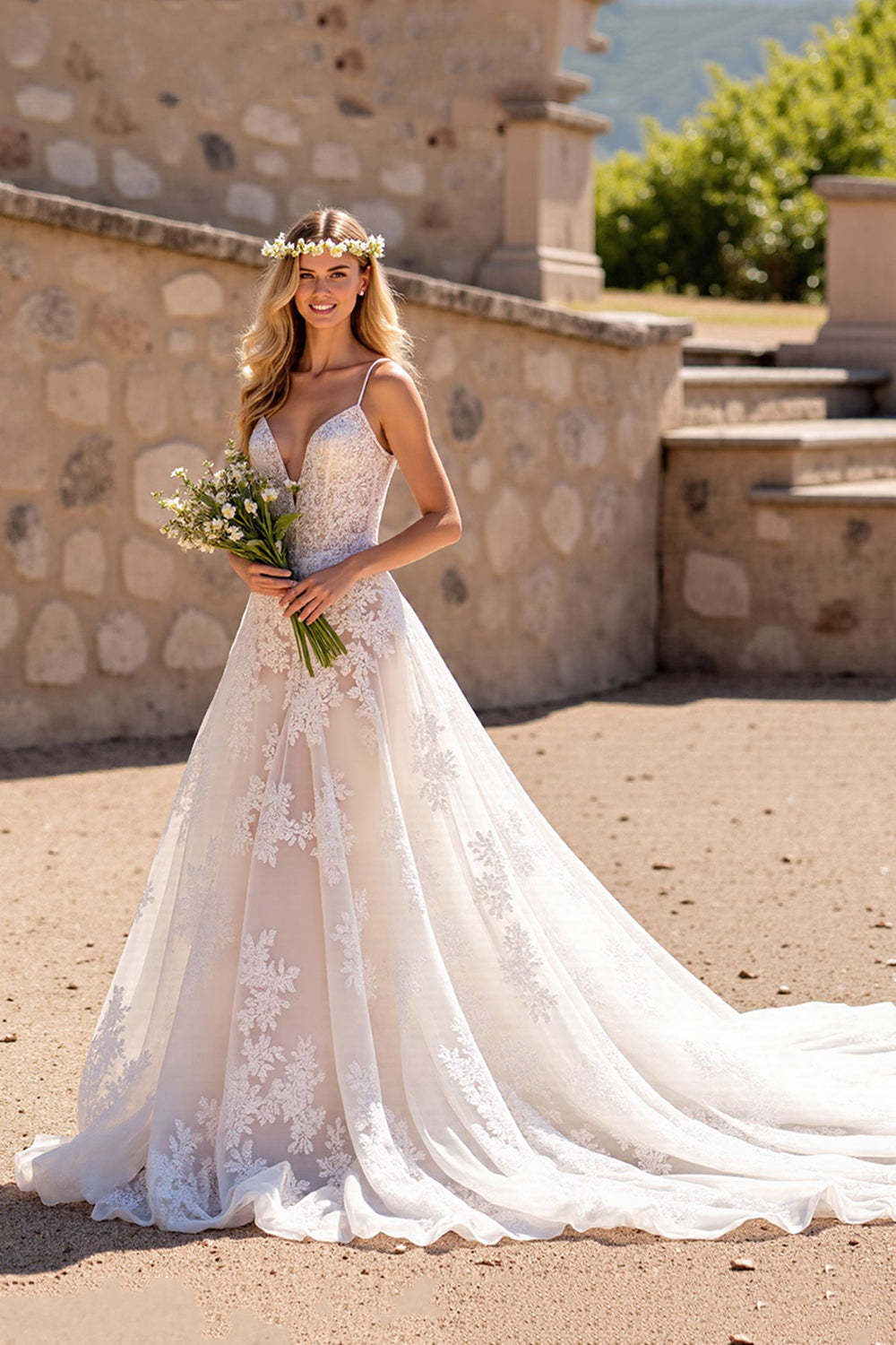 Leely Women Ivory Sweep Train Floral Lace Wedding Dress Deep V-Neck A-Line Tulle Bridal Dress