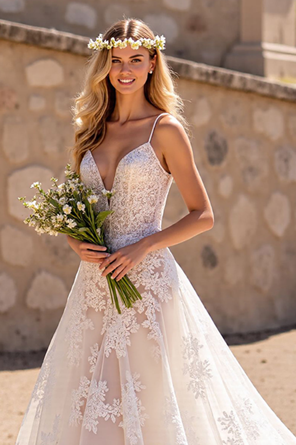 Deep V-Neck Lace Floral Ivory Sweep Train Wedding Dress