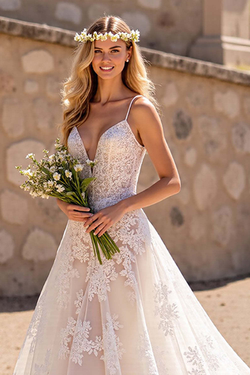 Deep V-Neck Lace Floral Ivory Sweep Train Wedding Dress
