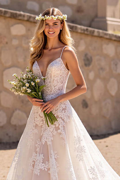 Deep V-Neck Lace Floral Ivory Sweep Train Wedding Dress