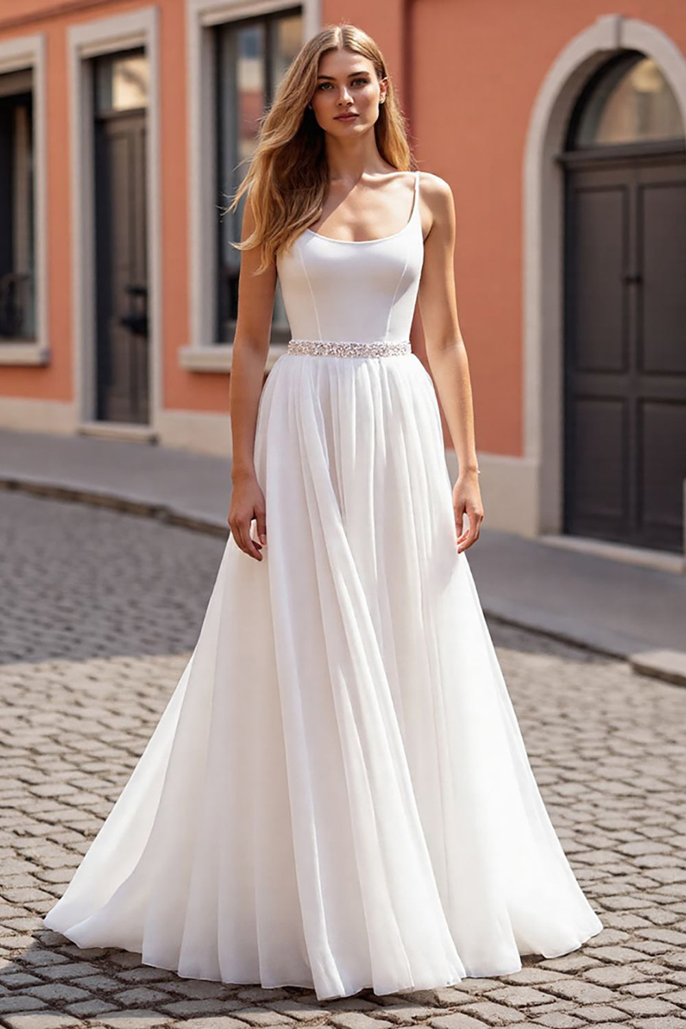 Leely Women Sparkly Ivory Corset Wedding Dress with Beading Chiffon Scoop Neck Boho A Line Bridal Dress