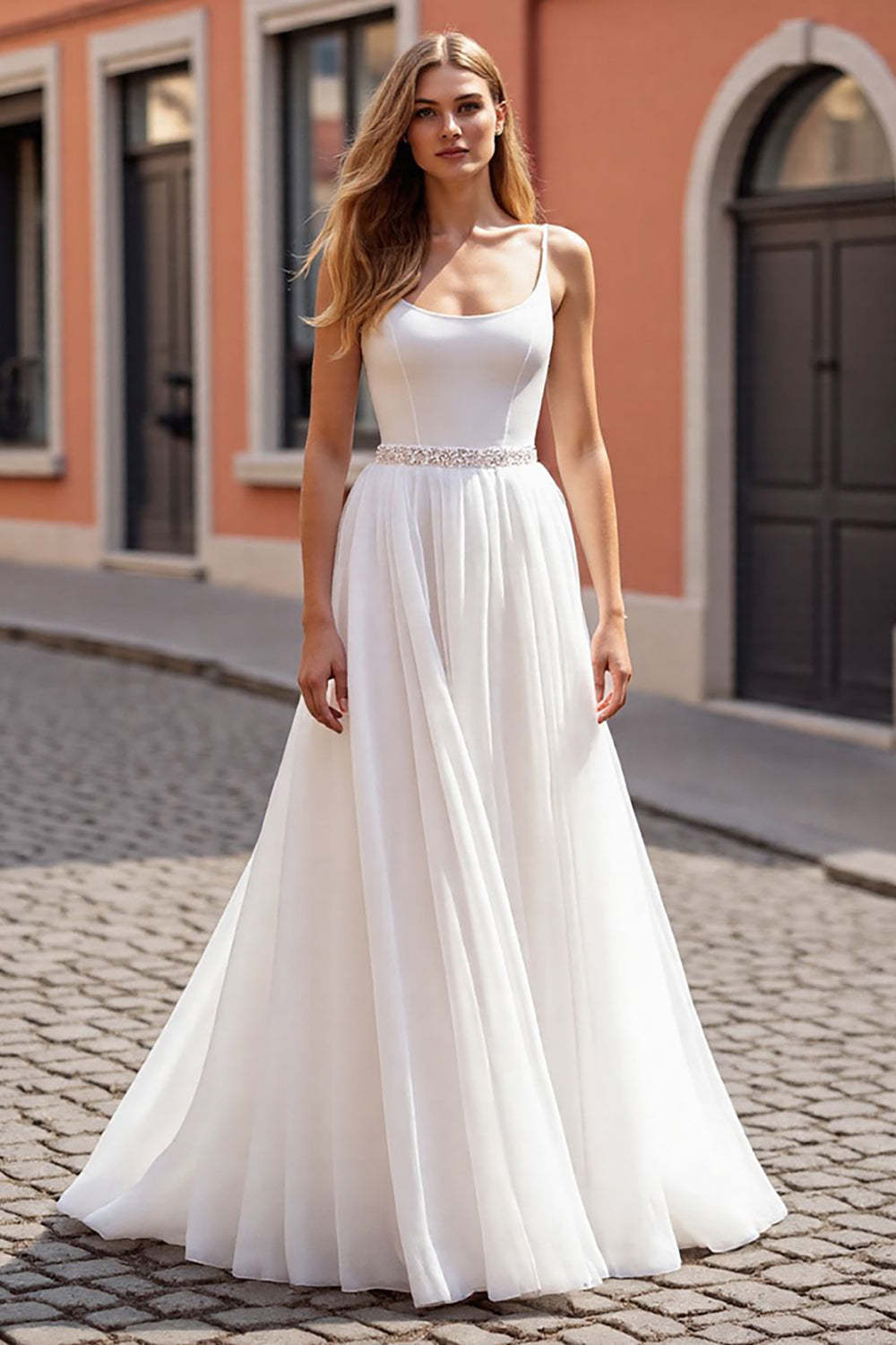 Leely Women Sparkly Ivory Corset Wedding Dress with Beading Chiffon Scoop Neck Boho A Line Bridal Dress