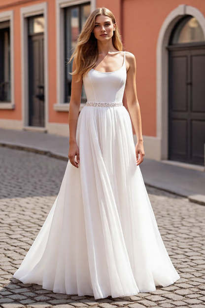 Leely Women Sparkly Ivory Corset Wedding Dress with Beading Chiffon Scoop Neck Boho A Line Bridal Dress