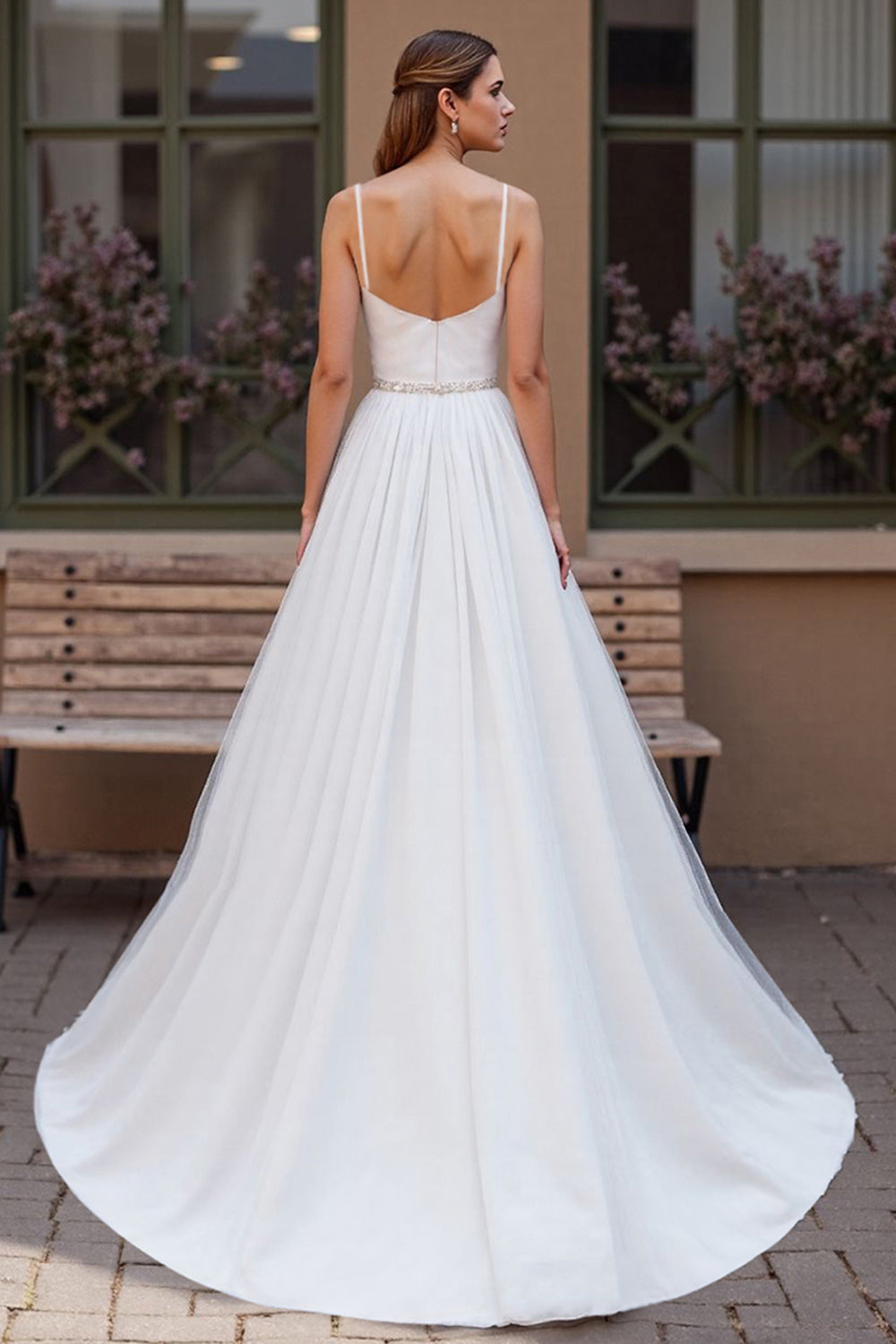 Sparkly Ivory Chiffon Corset Scoop Neck Boho Wedding Dress with Beading