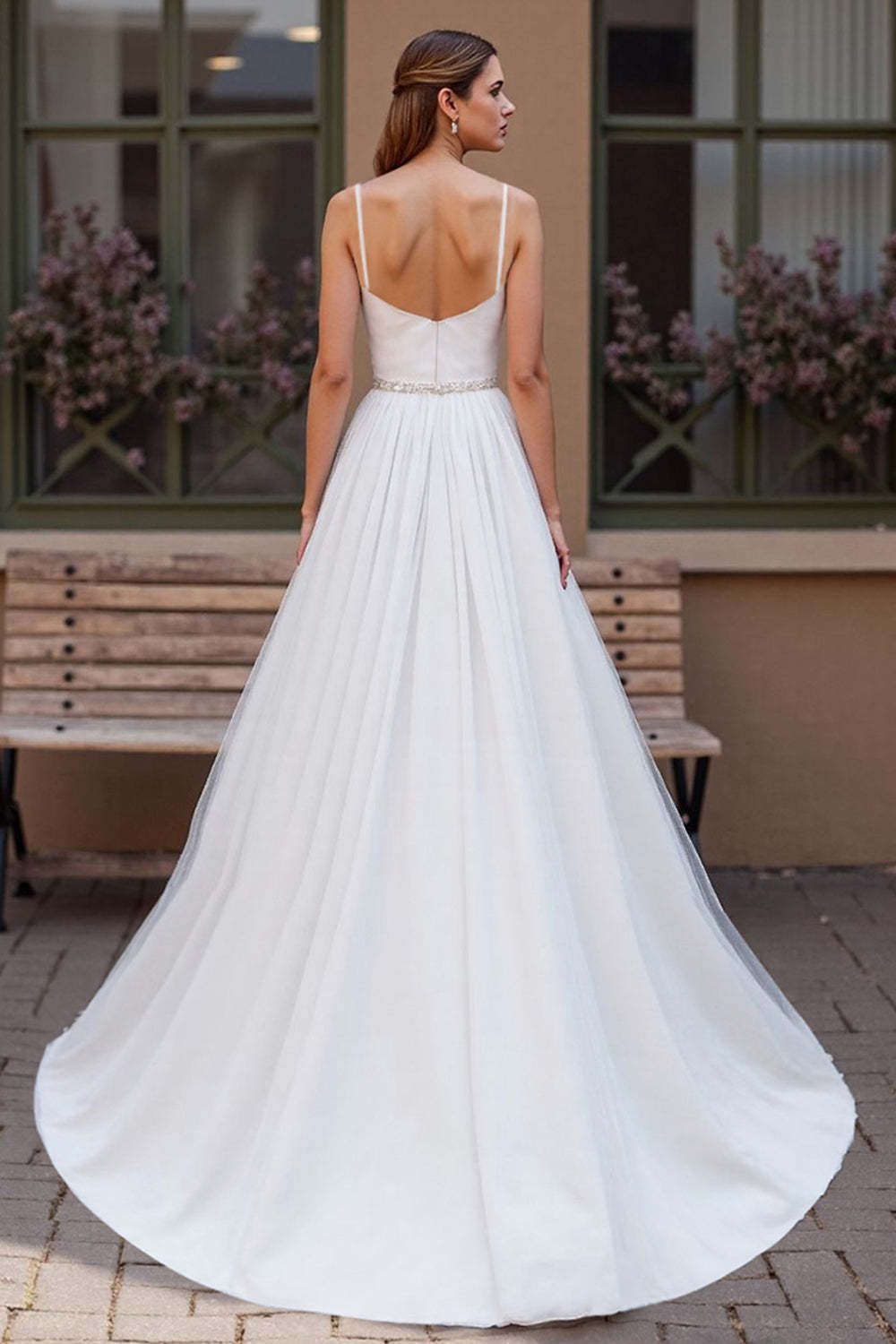 Sparkly Ivory Chiffon Corset Scoop Neck Boho Wedding Dress with Beading