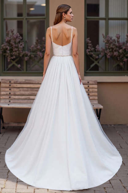 Sparkly Ivory Chiffon Corset Scoop Neck Boho Wedding Dress with Beading