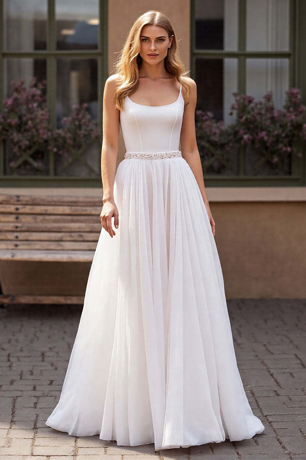 Sparkly Ivory Chiffon Corset Scoop Neck Boho Wedding Dress with Beading