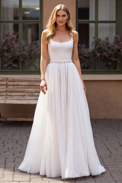 Sparkly Ivory Chiffon Corset Scoop Neck Boho Wedding Dress with Beading