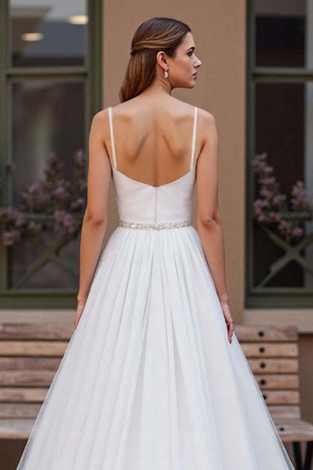 Sparkly Ivory Chiffon Corset Scoop Neck Boho Wedding Dress with Beading