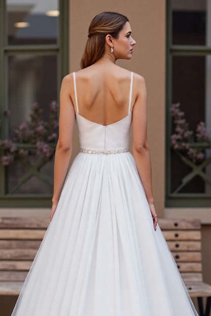 Sparkly Ivory Chiffon Corset Scoop Neck Boho Wedding Dress with Beading