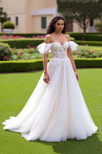 Leely Women Ivory Corset Ball Gown Wedding Dress with Lace Backless Tulle Sweep Train Off the Shoulder Bridal Dress with Ruffles