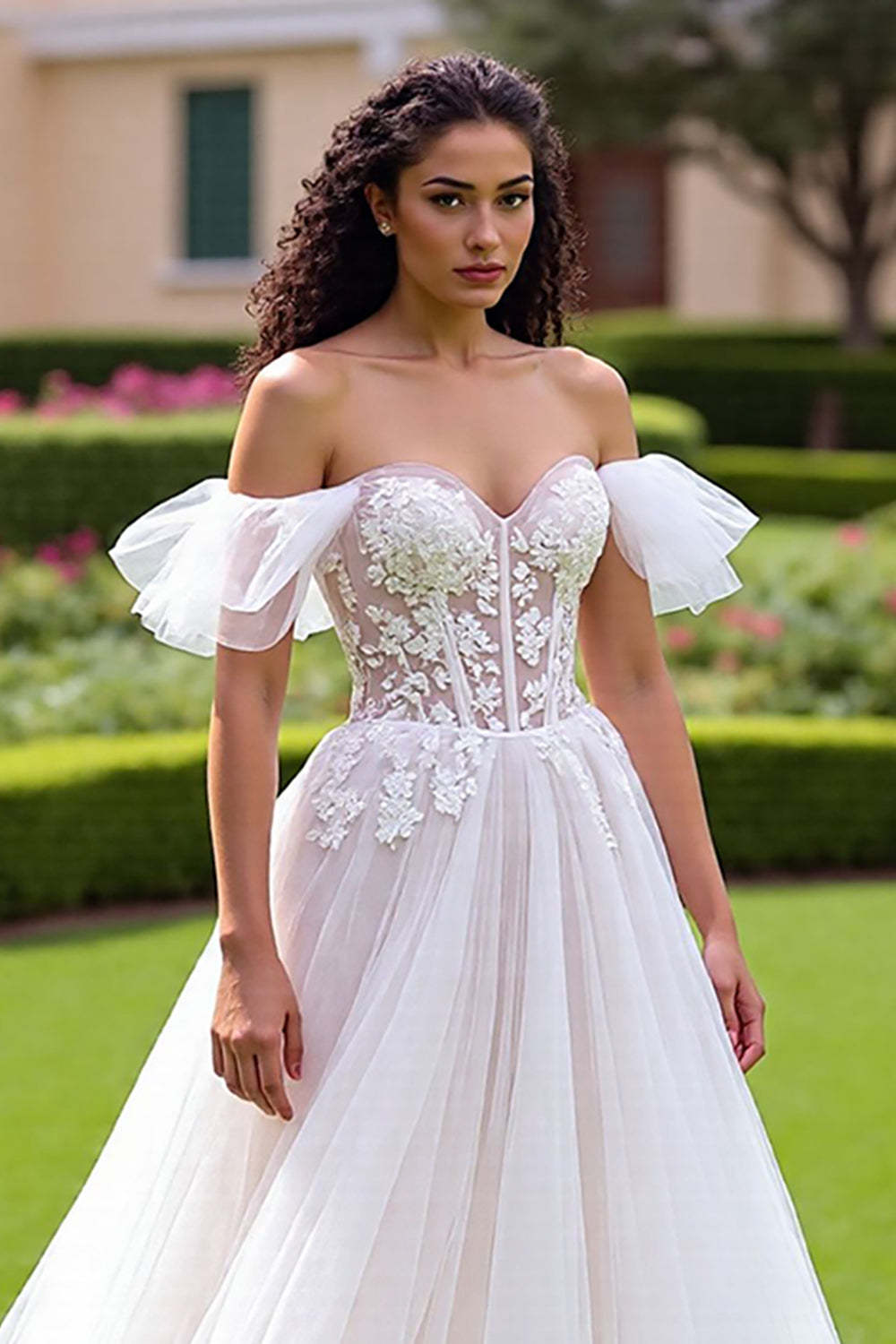 Tulle Ivory Corset Ruffled Ball Gown Wedding Dress with Lace