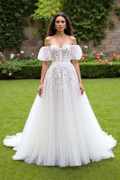 Leely Women Ivory Puff Sleeves Sweep Train Wedding Dress with Appliques Tulle Off the Shoulder Corset Ball Gown Bridal Dress