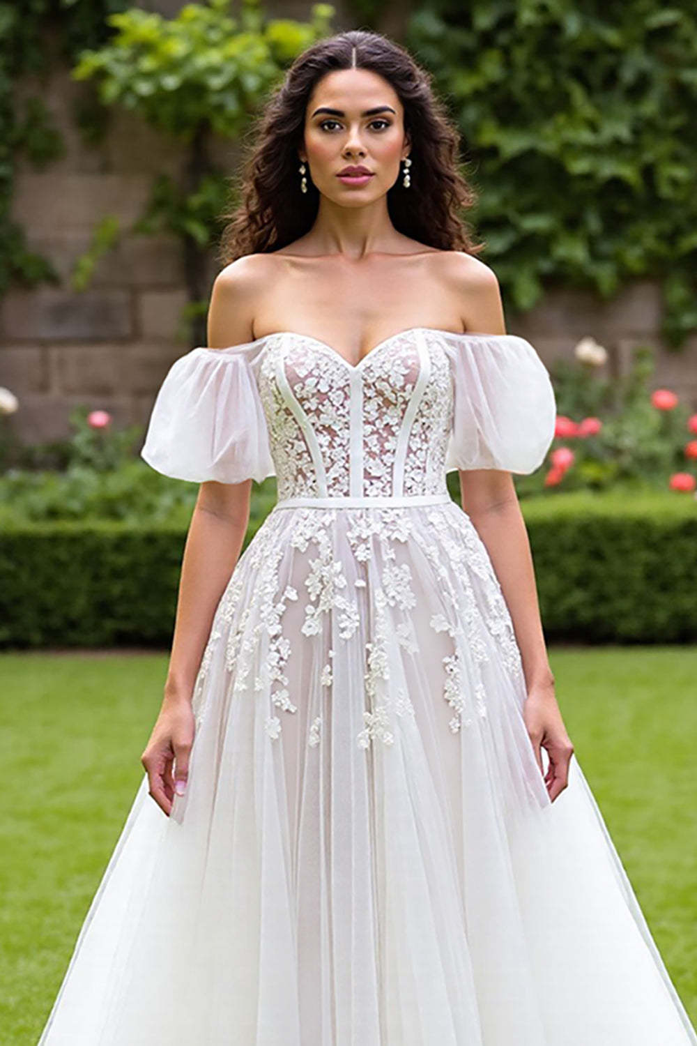 Tulle Puff Sleeves Corset Ivory Sweep Train Wedding Dress with Appliques