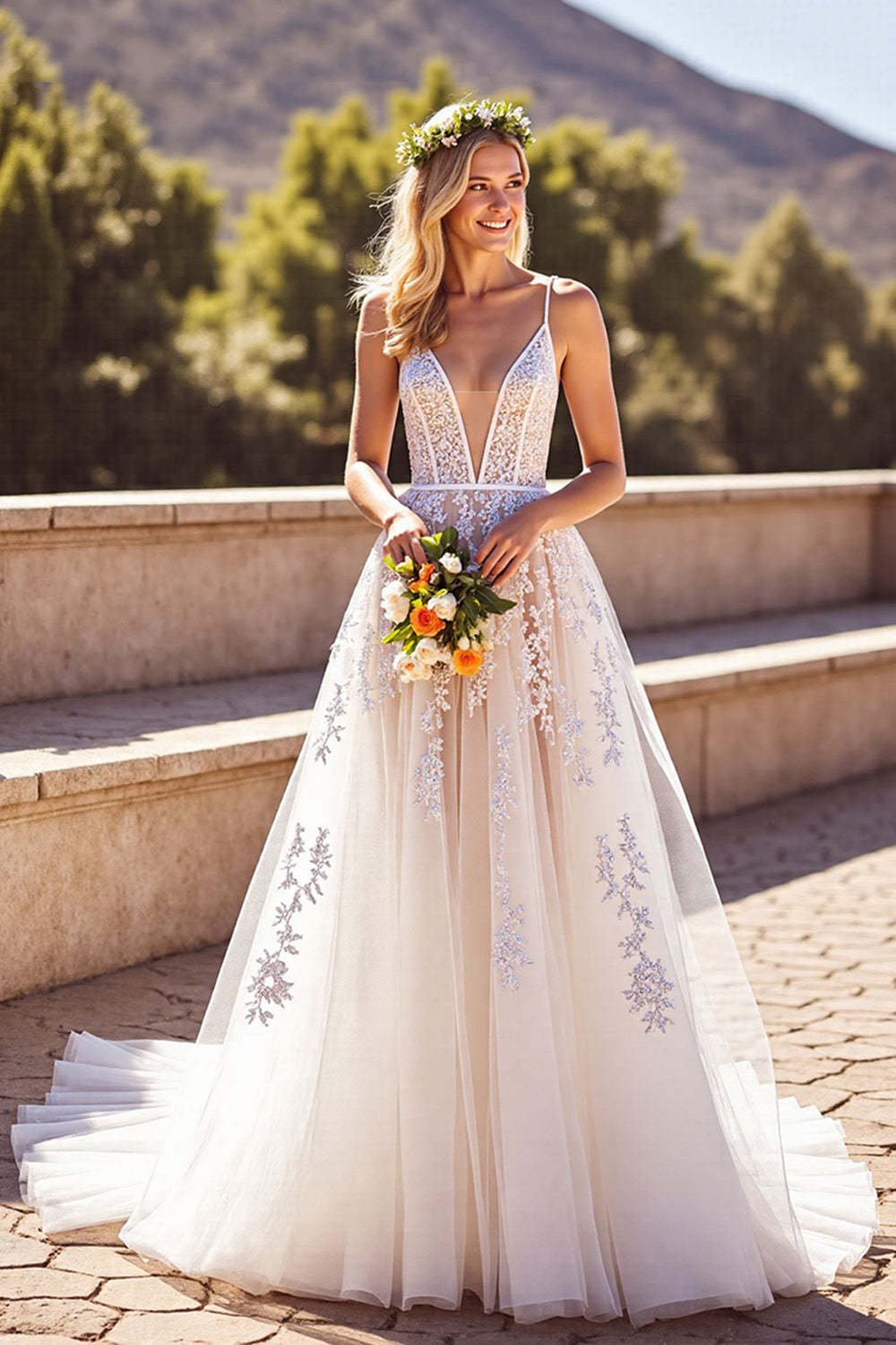Leely Women Ivory Corset Sweep Train Wedding Dress with Appliques Deep V-Neck A Line Backless Tulle Bridal Dress