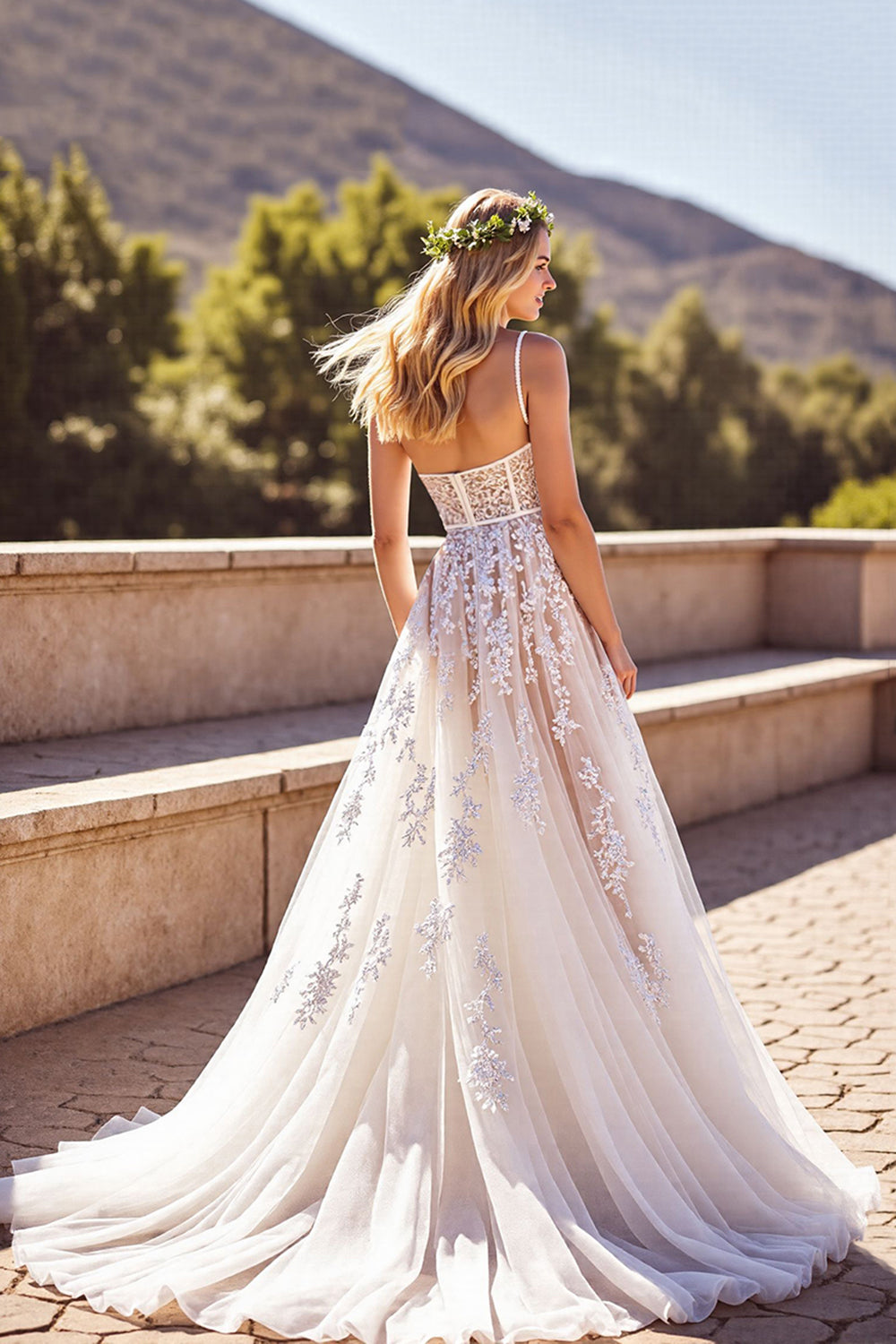 Corset Deep V-Neck Backless Ivory Wedding Dress with Appliques