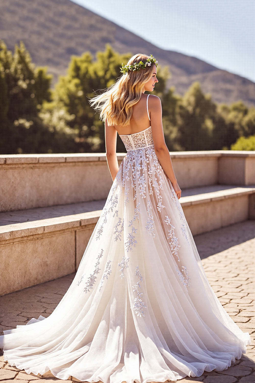 Corset Deep V-Neck Backless Ivory Wedding Dress with Appliques