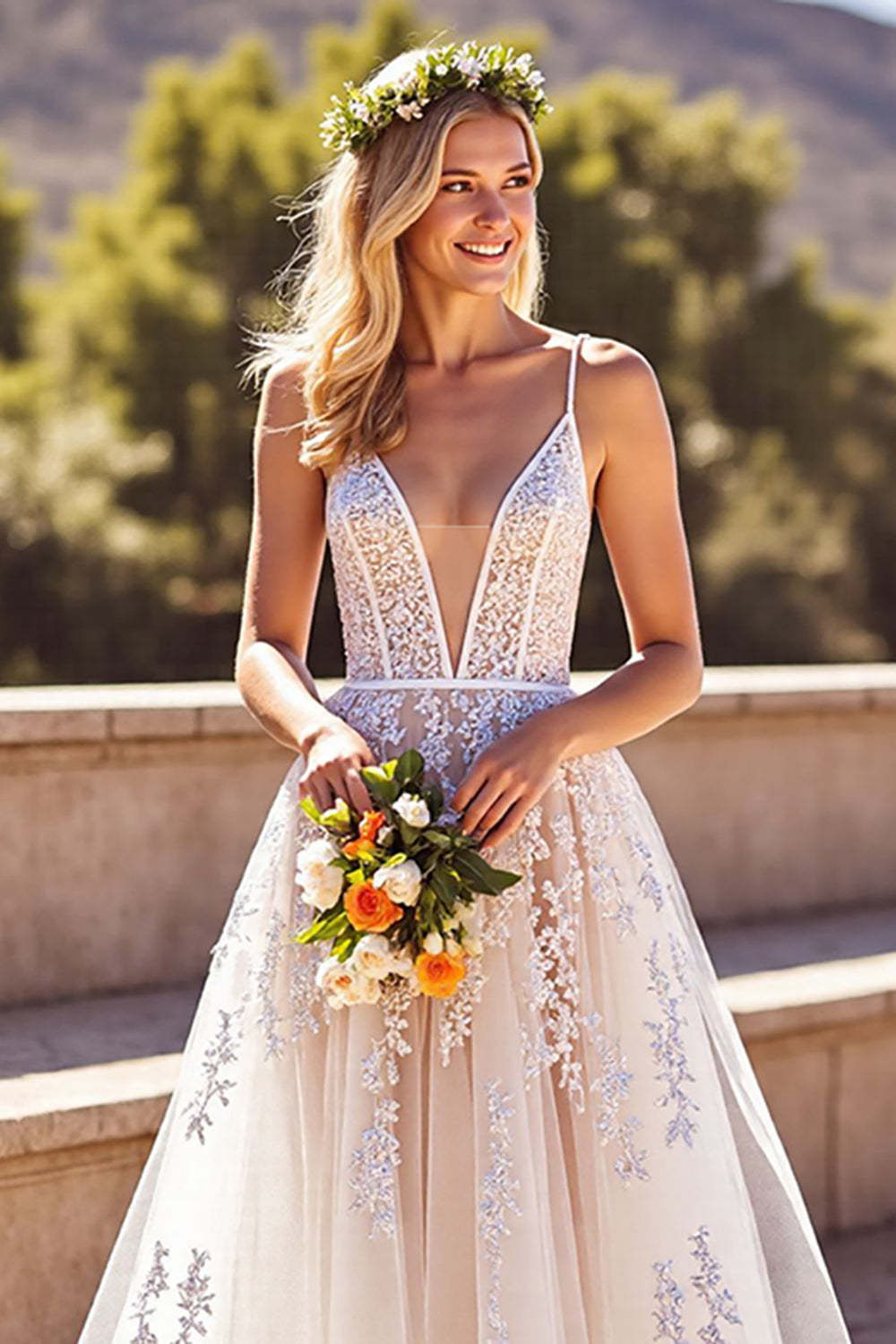 Corset Deep V-Neck Backless Ivory Wedding Dress with Appliques