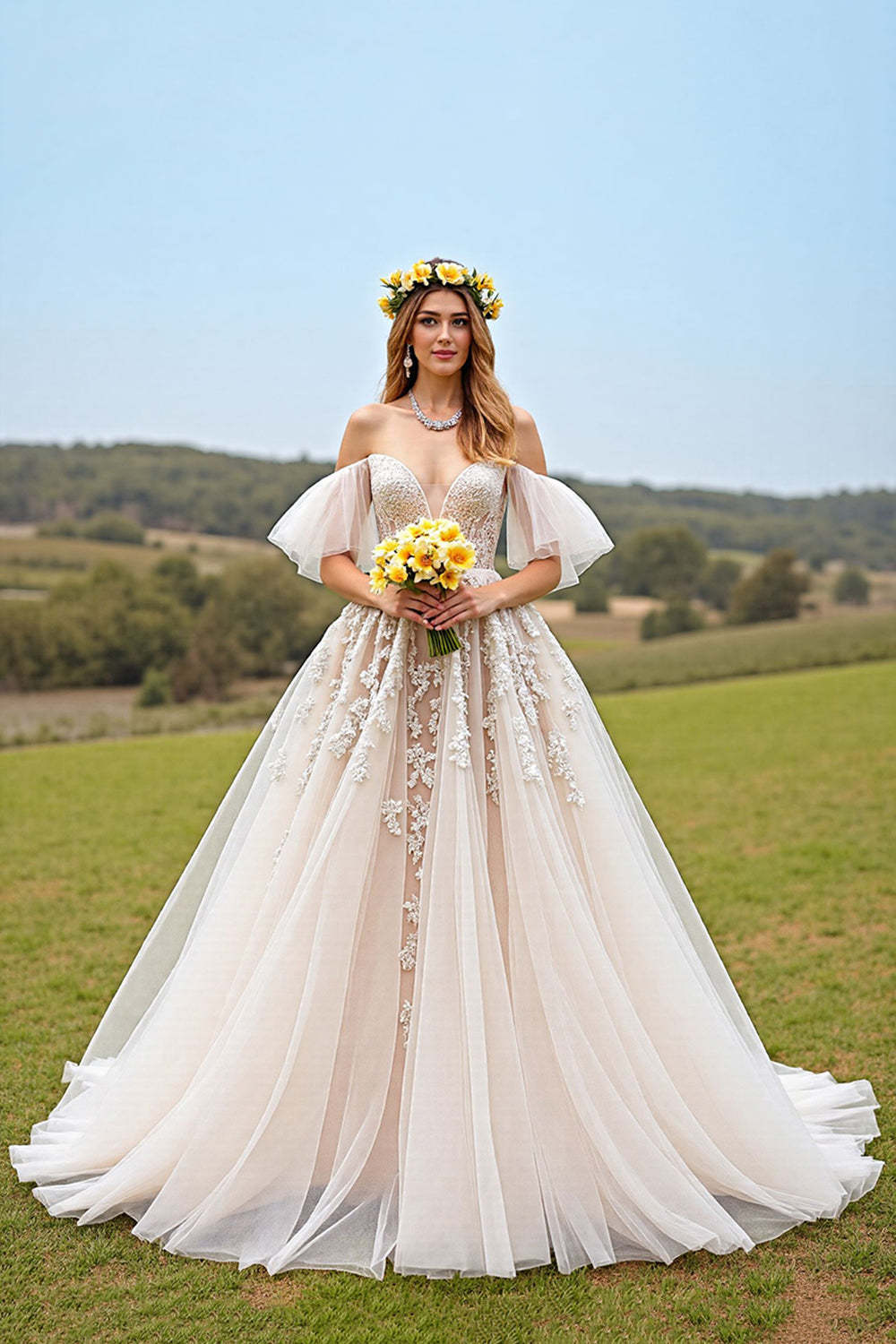Leely Women Apricot Ruffled Tulle Sweep Train Wedding Dress Off the Shoulder Illusion Back Ball Gown Bridal Dress with Appliques
