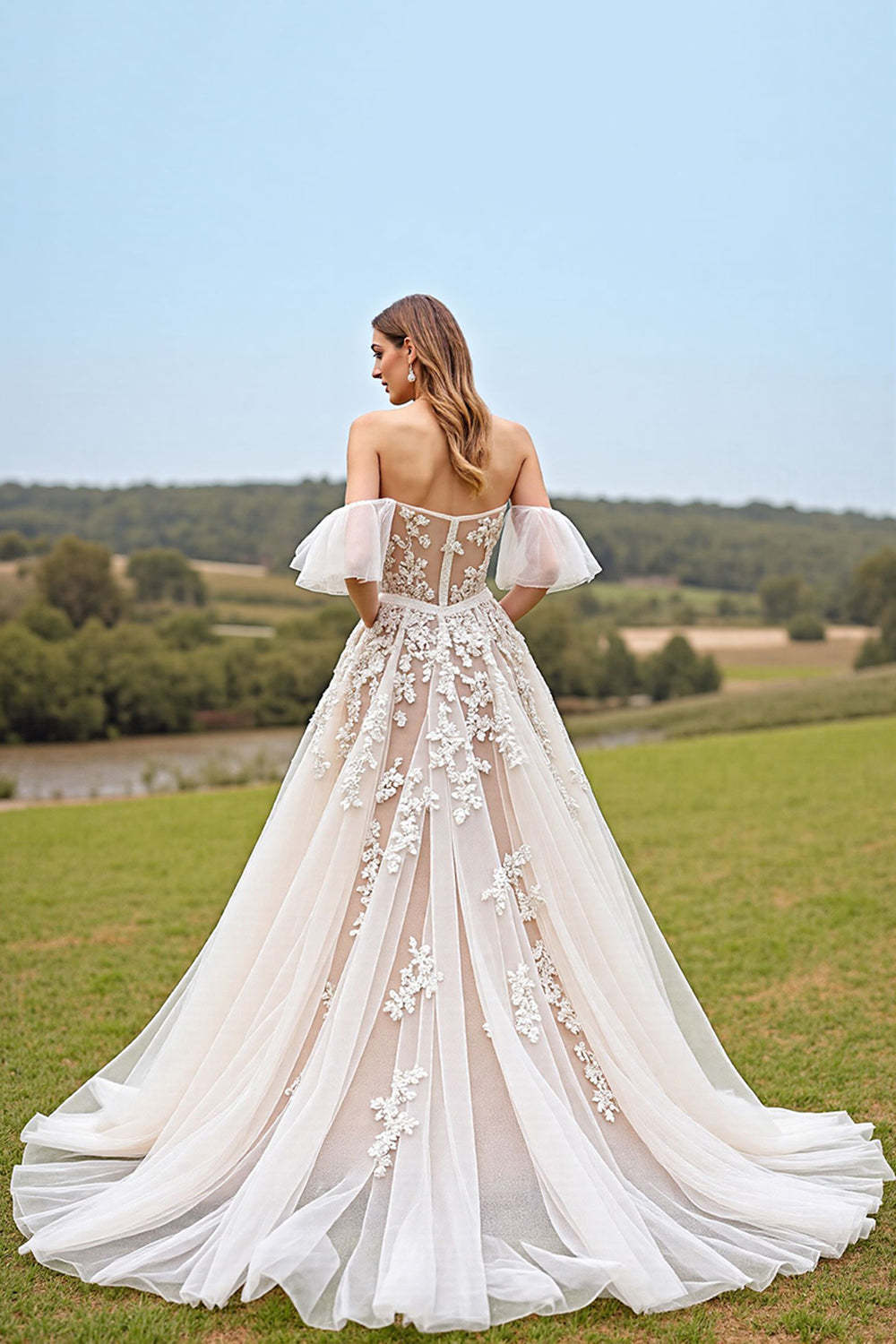 Apricot Ruffled Tulle Ball Gown Sweep Train Wedding Dress with Appliques