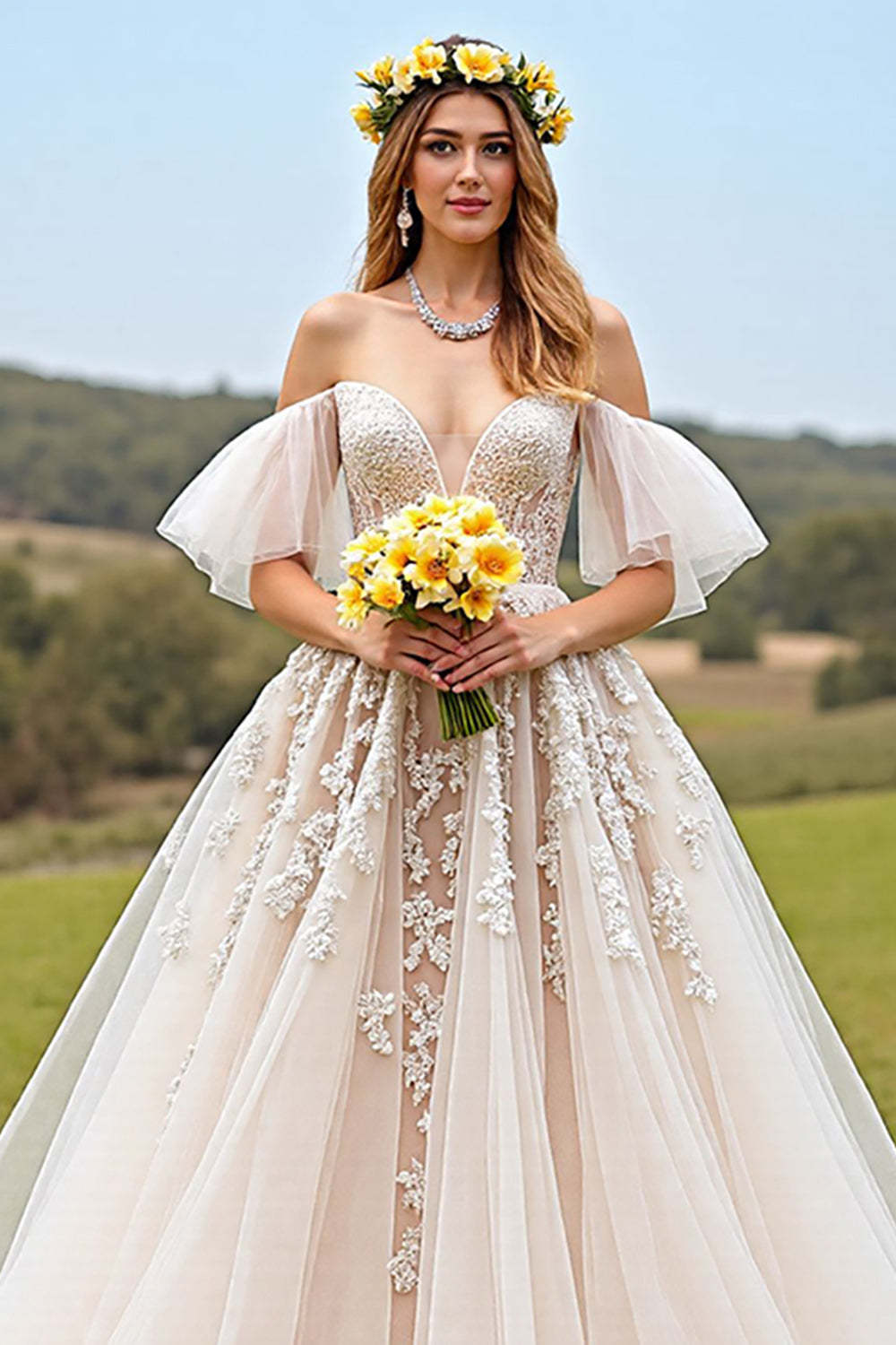 Apricot Ruffled Tulle Ball Gown Sweep Train Wedding Dress with Appliques