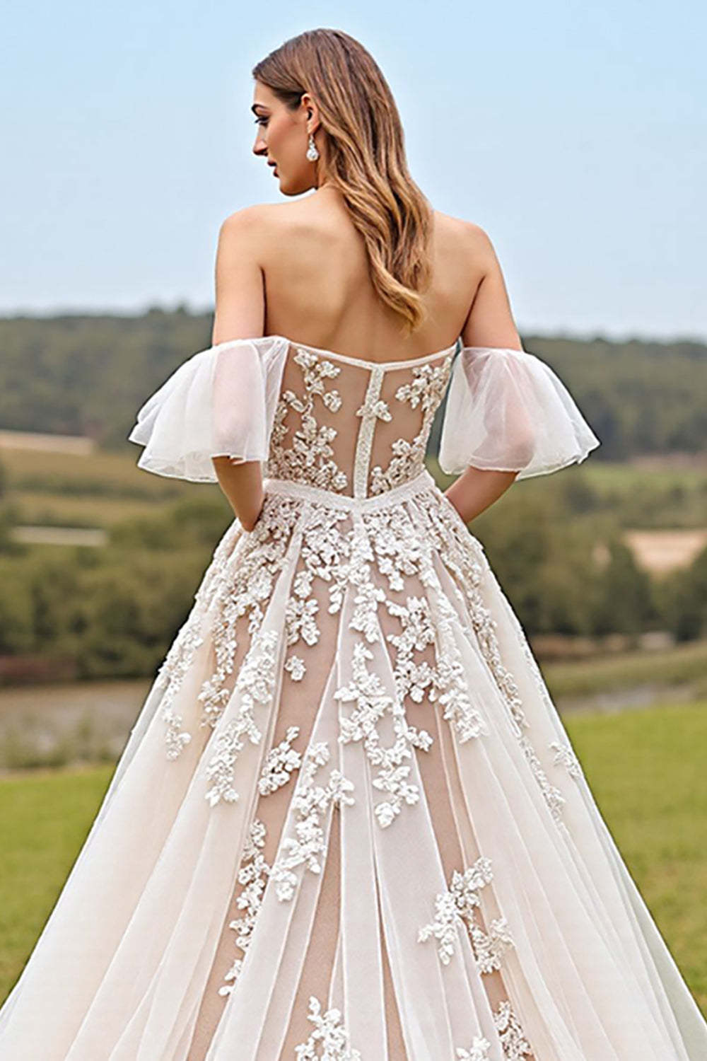 Apricot Ruffled Tulle Ball Gown Sweep Train Wedding Dress with Appliques