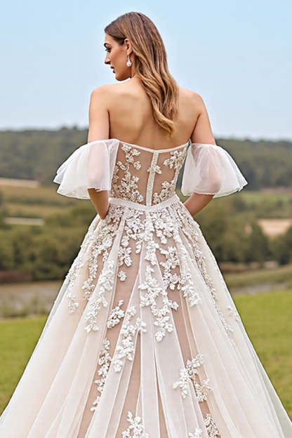 Apricot Ruffled Tulle Ball Gown Sweep Train Wedding Dress with Appliques