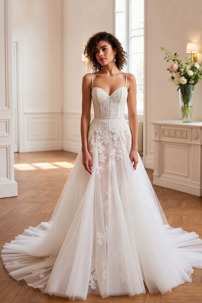 Leely Women Ivory Tulle A Line Sweep Train Wedding Dress with Appliques Corset Spaghetti Straps Bridal Dress