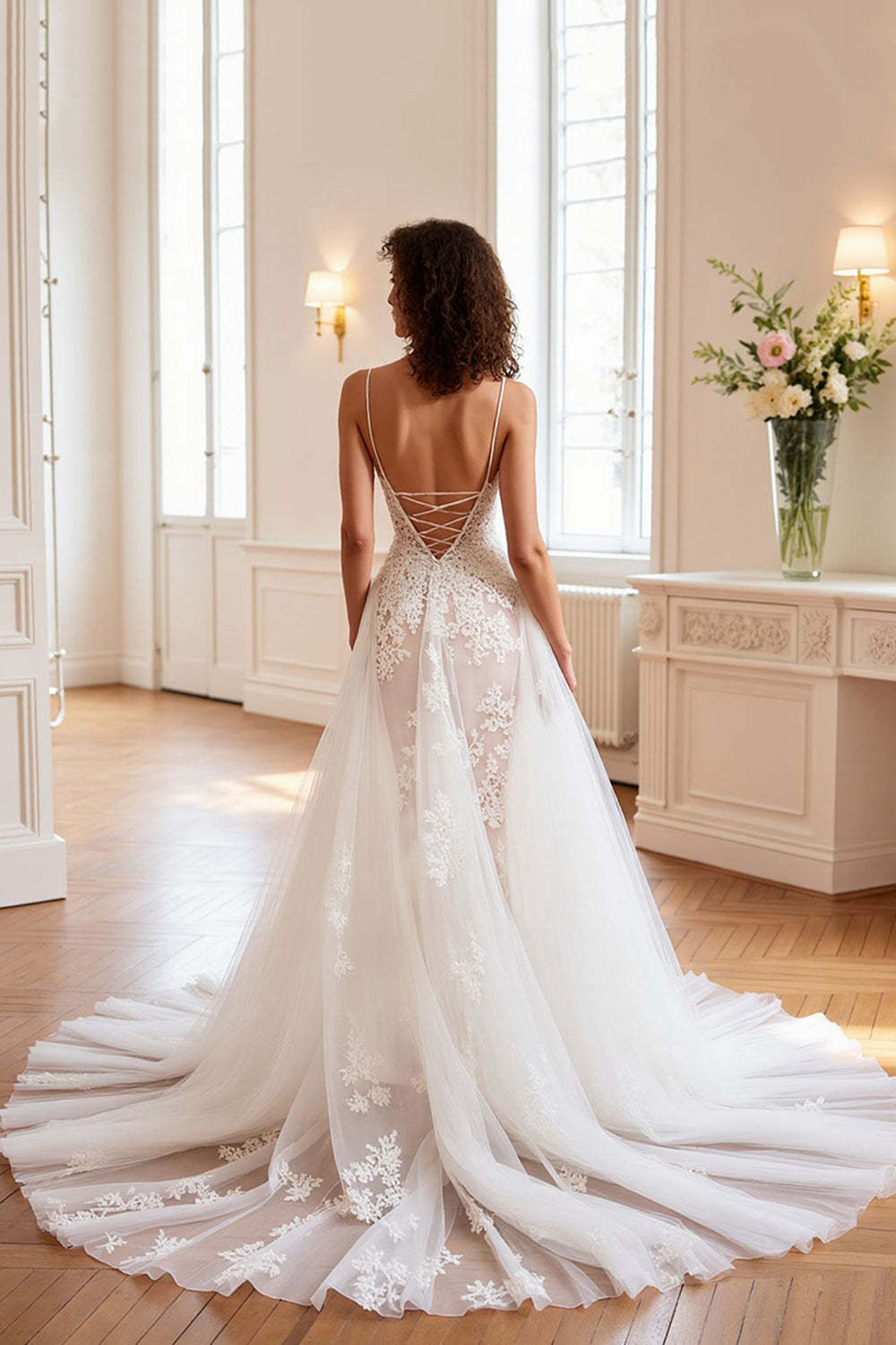Tulle A Line Ivory Sweep Train Wedding Dress with Appliques