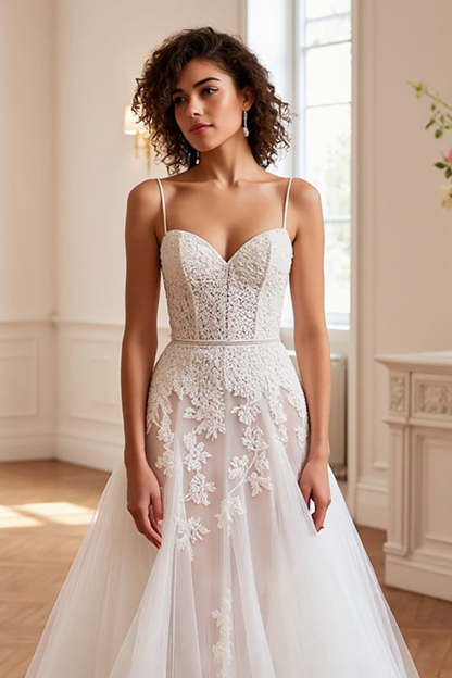 Tulle A Line Ivory Sweep Train Wedding Dress with Appliques