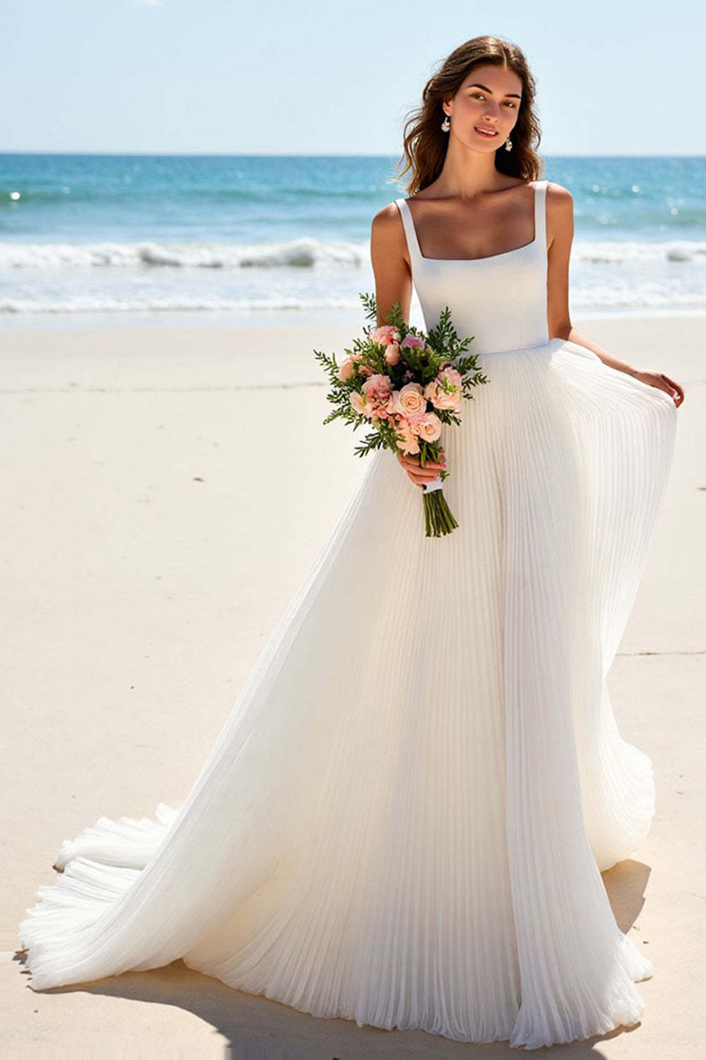 Leely Women Ivory Chiffon Sweep Train Beach Wedding Dress A Line Scoop Neck Pleated Backless Bridal Dress