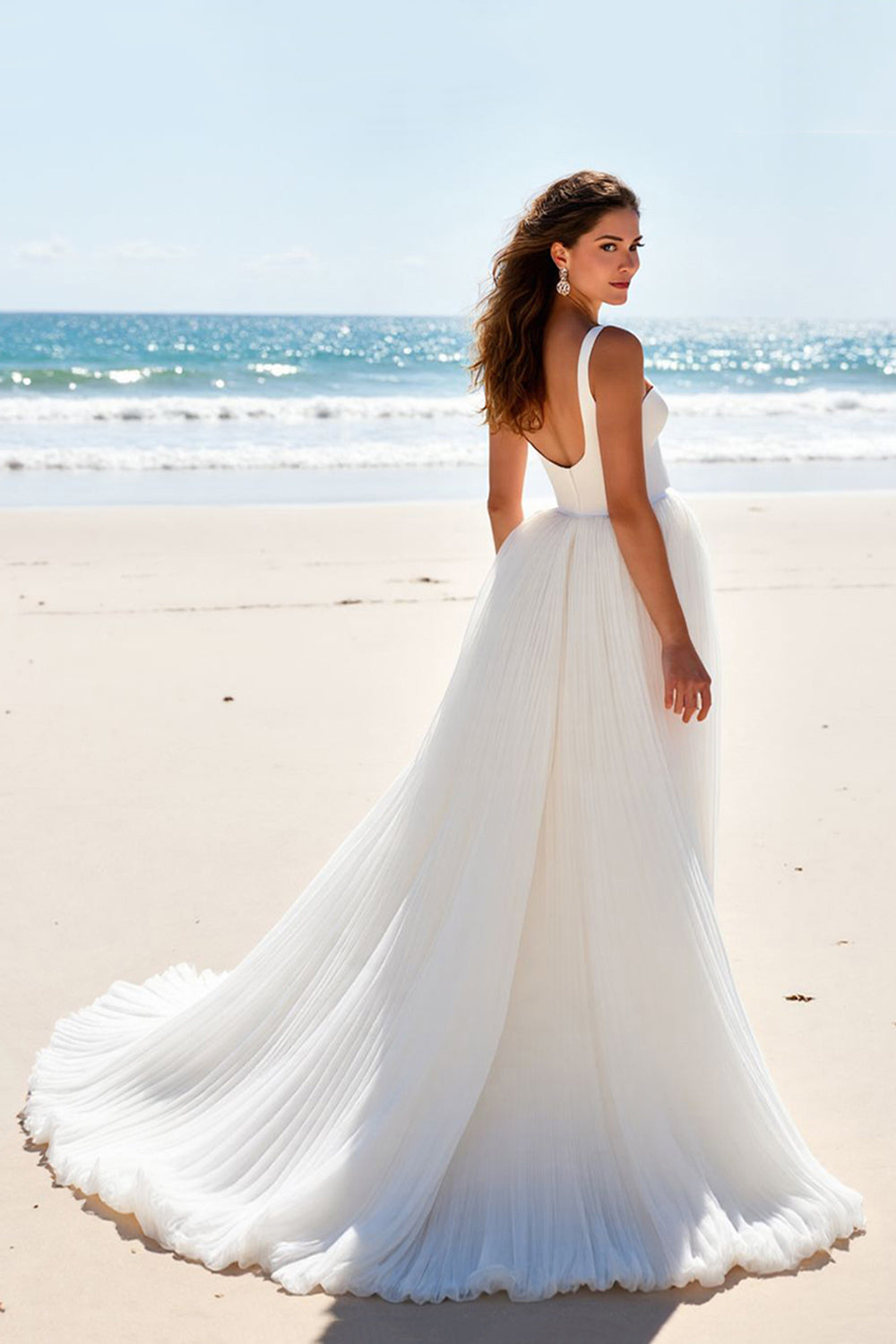 Chiffon Ivory Scoop Neck A Line Sweep Train Beach Wedding Dress