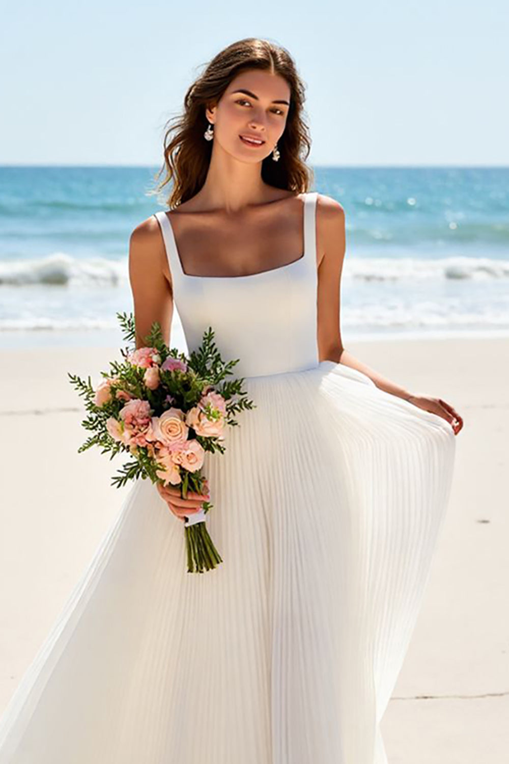 Chiffon Ivory Scoop Neck A Line Sweep Train Beach Wedding Dress