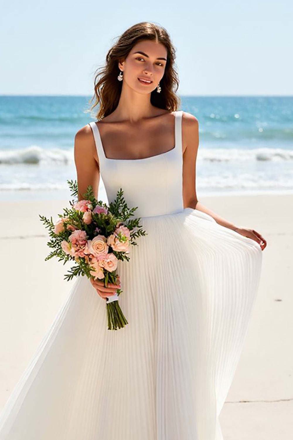 Chiffon Ivory Scoop Neck A Line Sweep Train Beach Wedding Dress