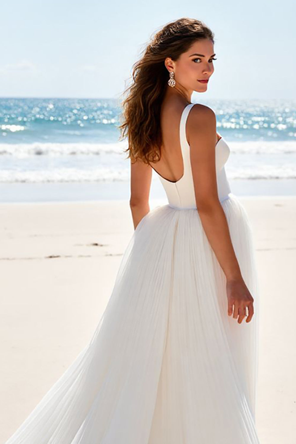 Chiffon Ivory Scoop Neck A Line Sweep Train Beach Wedding Dress