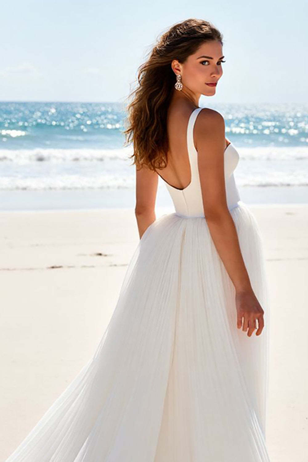 Chiffon Ivory Scoop Neck A Line Sweep Train Beach Wedding Dress
