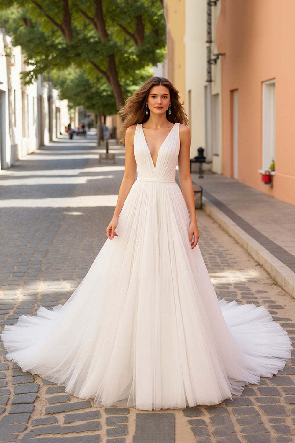 A Line Ivory Tulle Deep V-Neck Sweep Train Wedding Dress