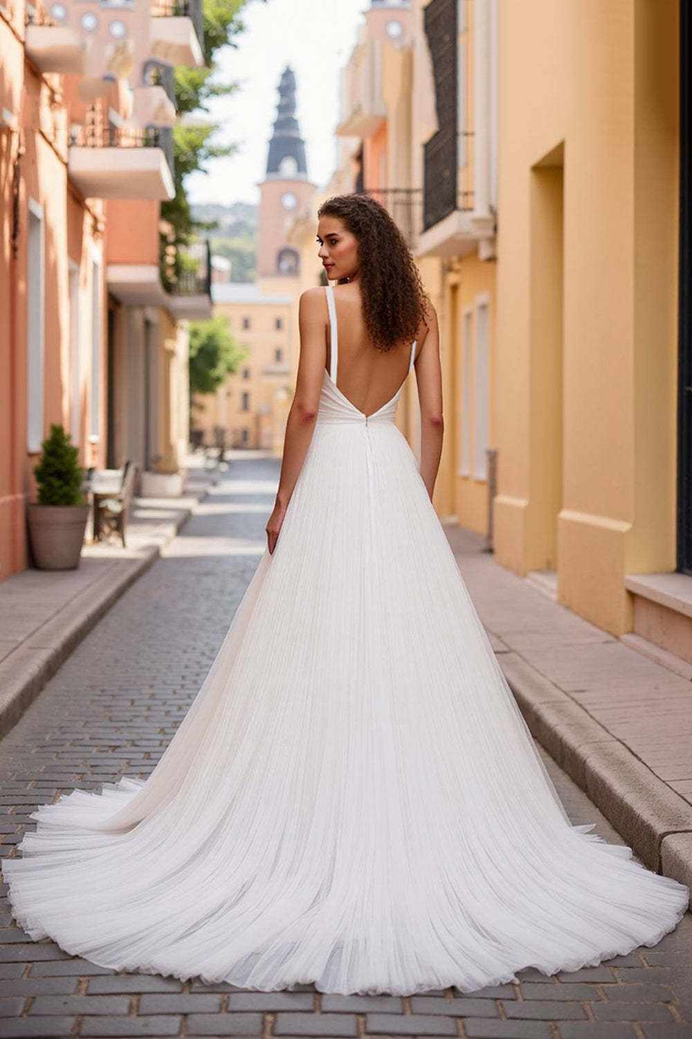 A Line Ivory Tulle Deep V-Neck Sweep Train Wedding Dress