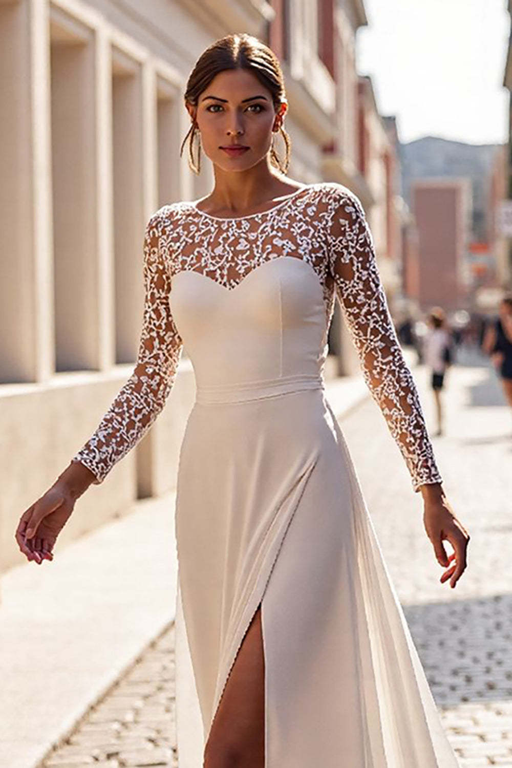 A Line Ivory Illusion Neck Chiffon Maxi Wedding Dress with Slit