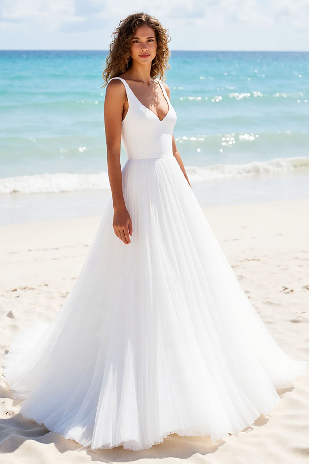 A Line Tulle Ivory V-Neck Backless Sweep Train Beach Wedding Dress