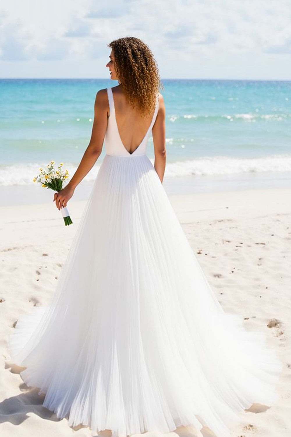 A Line Tulle Ivory V-Neck Backless Sweep Train Beach Wedding Dress