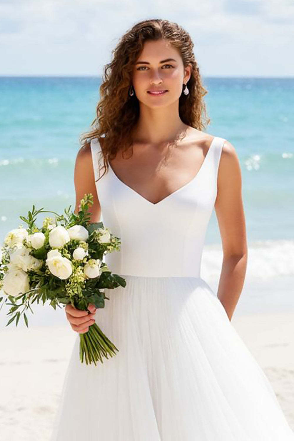 A Line Tulle Ivory V-Neck Backless Sweep Train Beach Wedding Dress