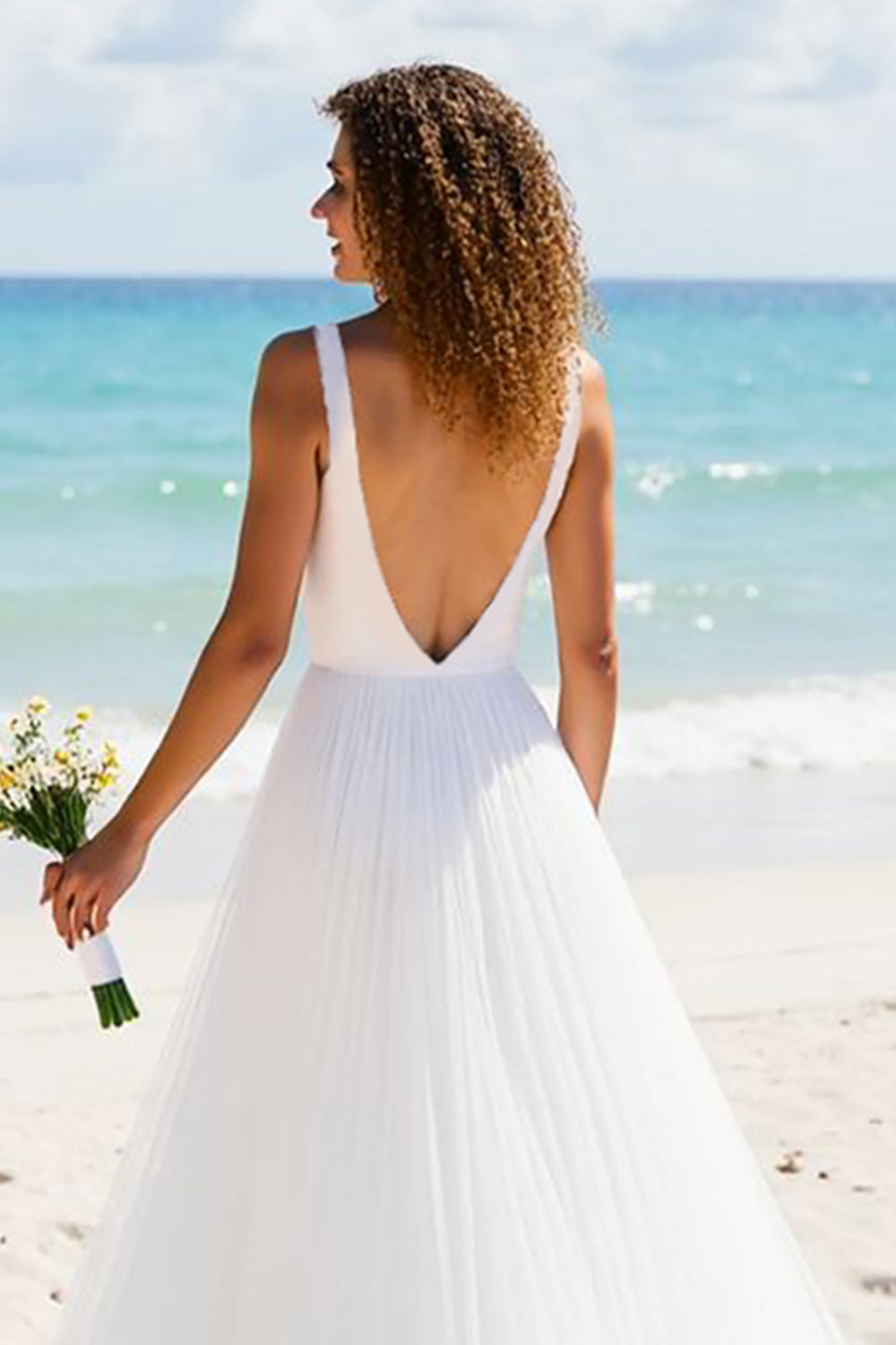 A Line Tulle Ivory V-Neck Backless Sweep Train Beach Wedding Dress